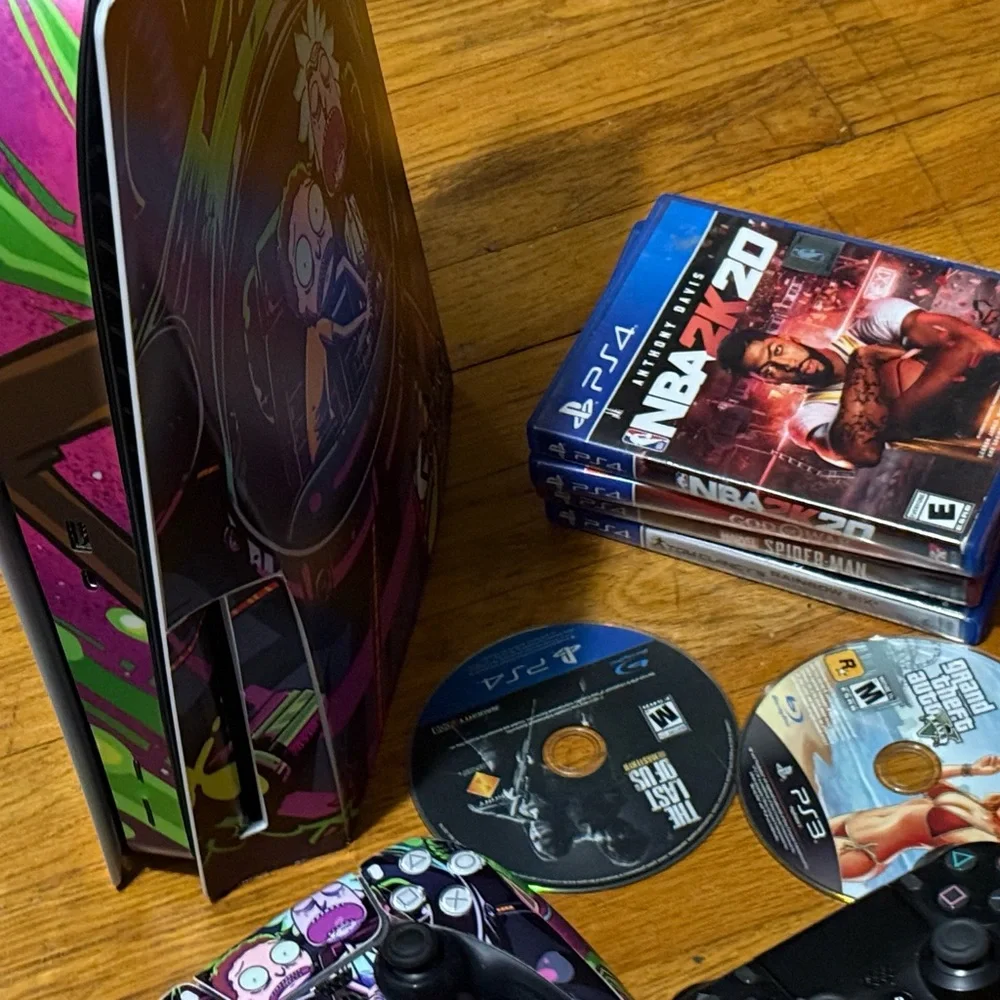 Custom Rick and Morty Sony PlayStation 5 console with compatible ps4 controller.
